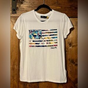 Polo RL White T-Shirt with Colorful Flag Design Sz. Medium